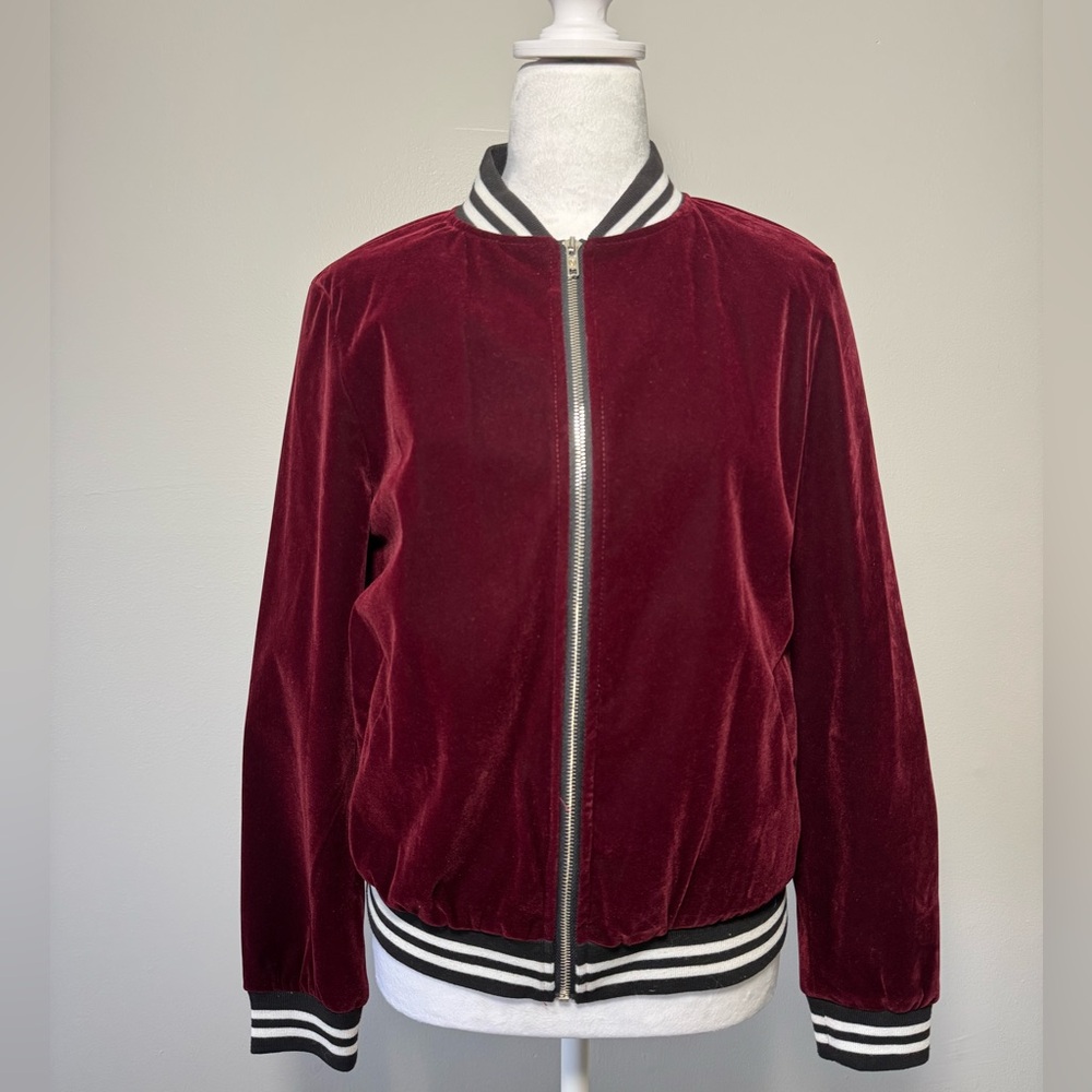 Shein Velvet Varsity Bomber Zip Up - SMALL, Burgundy